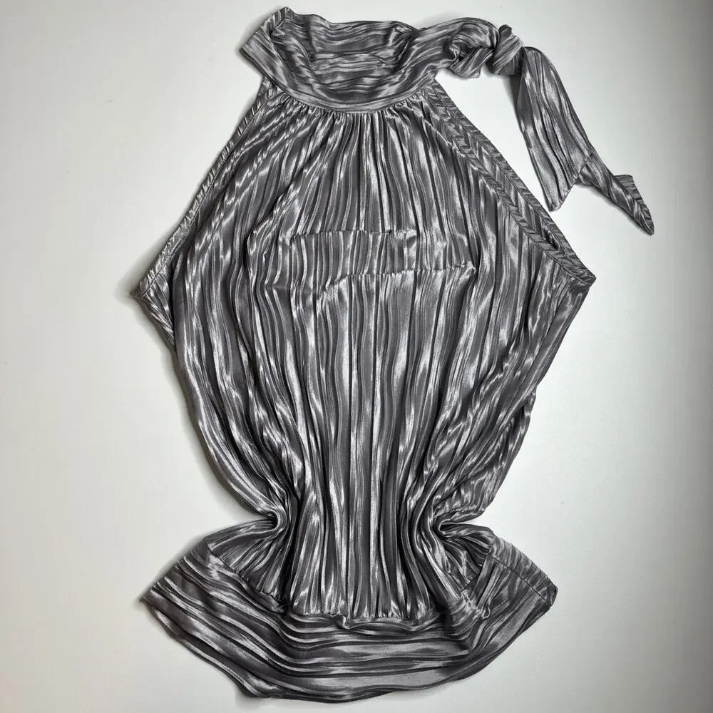 Y2K Heart And Soul Silver Metallic Pleated Halter Top Clubwear Party Glam L USA - Picture 4 of 12